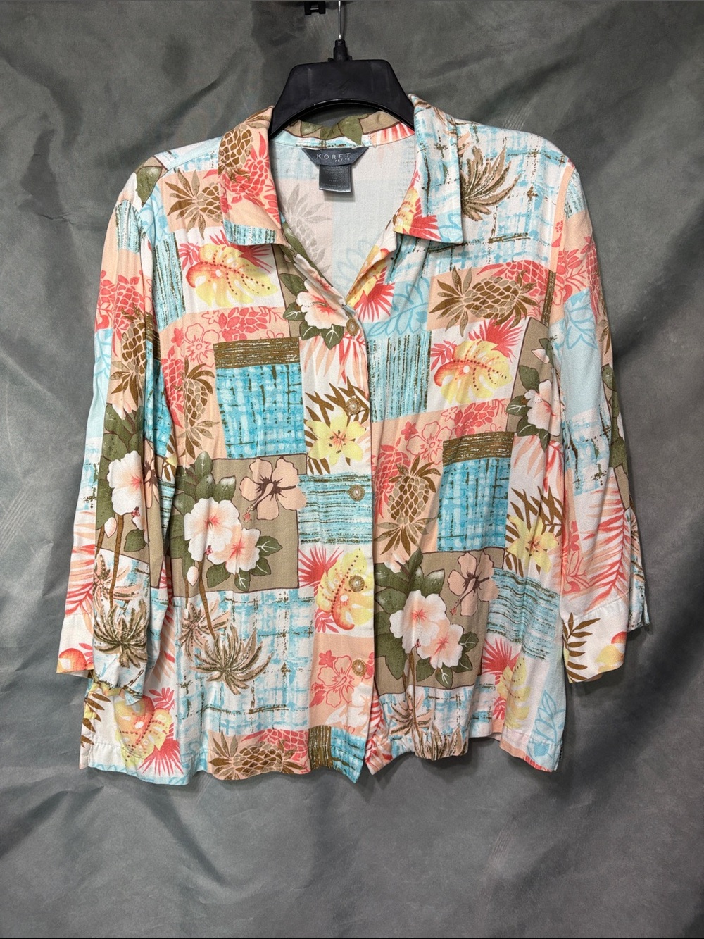 Koret Pastel Patchwork Floral Button-Down Shirt in Aqua, Coral & Olive
